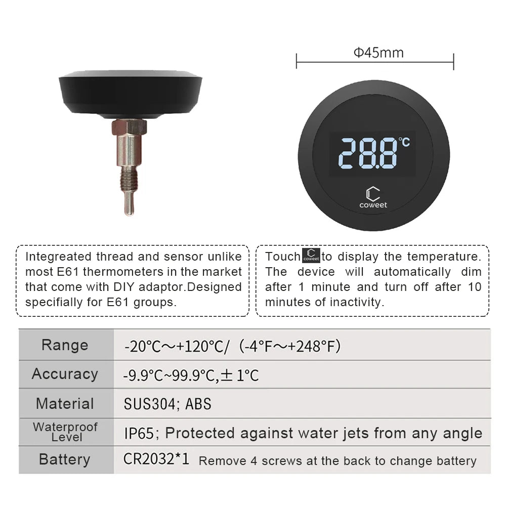 Thermometer for E61 Group Coffee Machines Precision Monitoring Touch Background Light