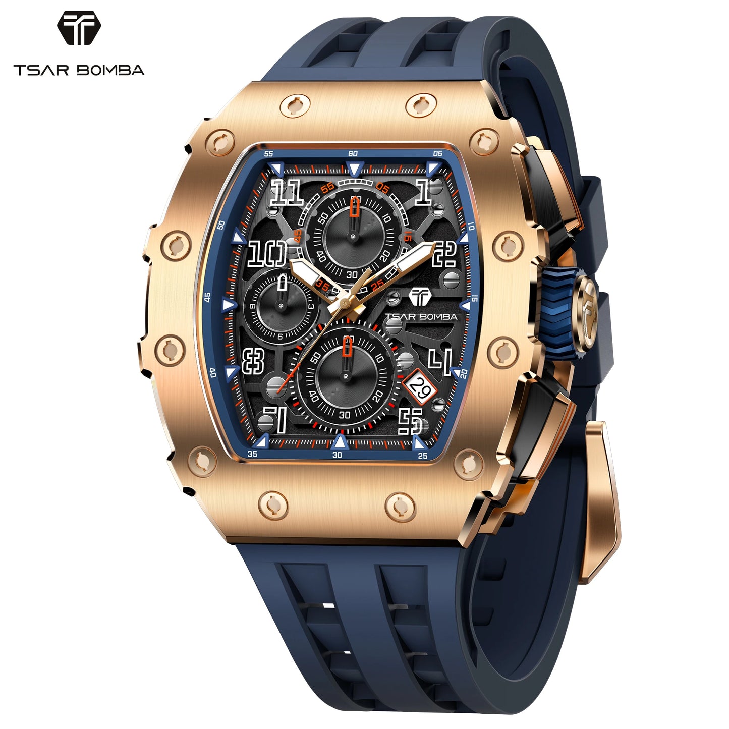 TSAR BOMBA Luxury Tonneau Quartz Watch for Men Japanese Movement, Stainless Steel Case, Elegant Dress Wristwatch
