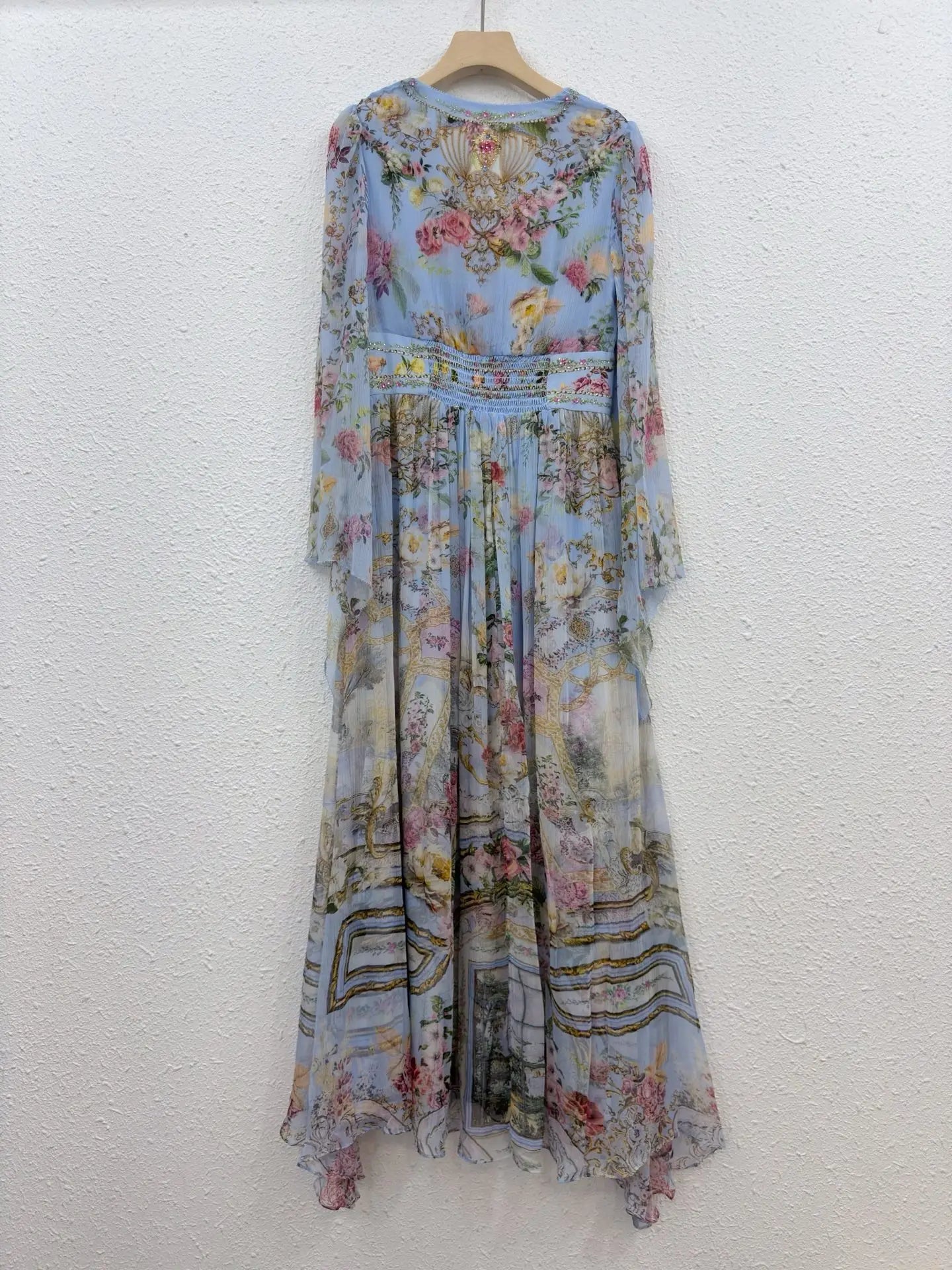 100% Real Silk Women V-Neck Floral Printing Flare Sleeve Midi Dress Bohemian Vintage Spring Elegant Beach Style High Quality