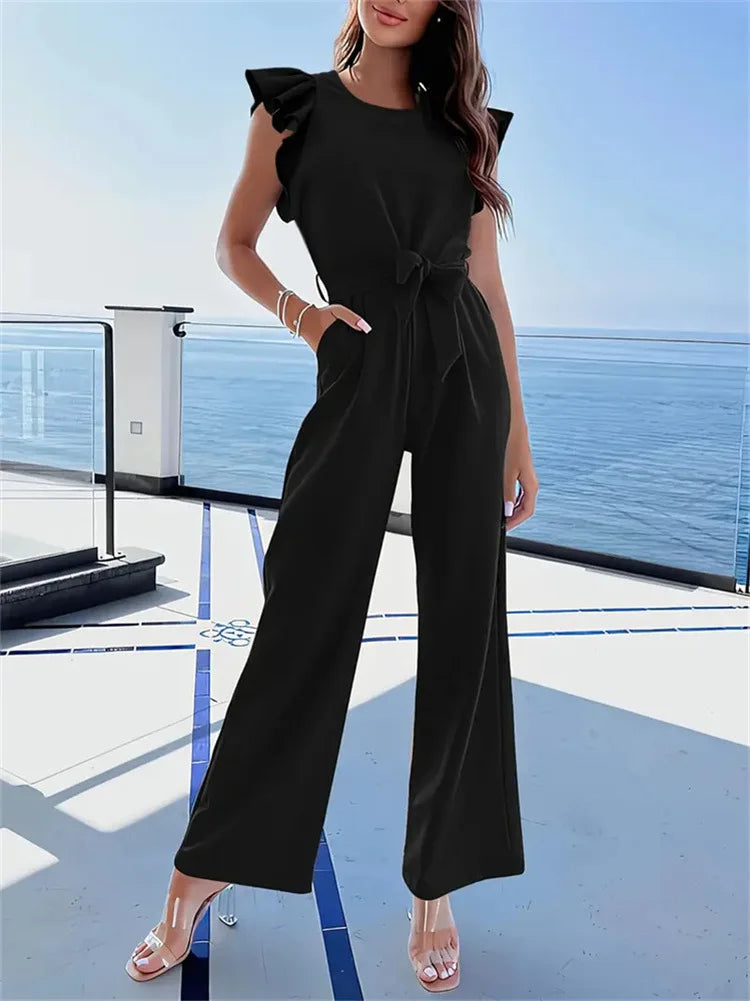 Women's clothing 2025 new woven lotus leaf flying sleeve waist tie jumpsuit women's casual pants spring women