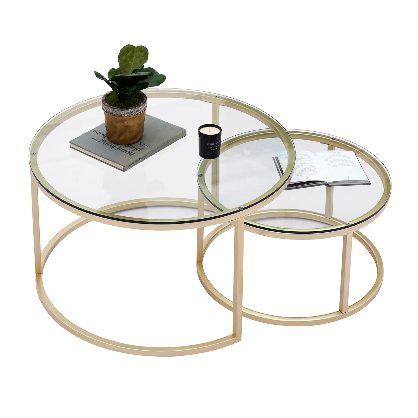 EGOONM 2 in 1 Iron Coffee Table Fashion Small Apartment Living Room Coffee Table Tempered Glass Round Sofa Side Coffee Table