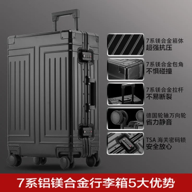 100% High-rank Aluminum-magnesium High Quality Rolling Luggage Perfect For Boarding Spinner International Brand Travel Suitcase