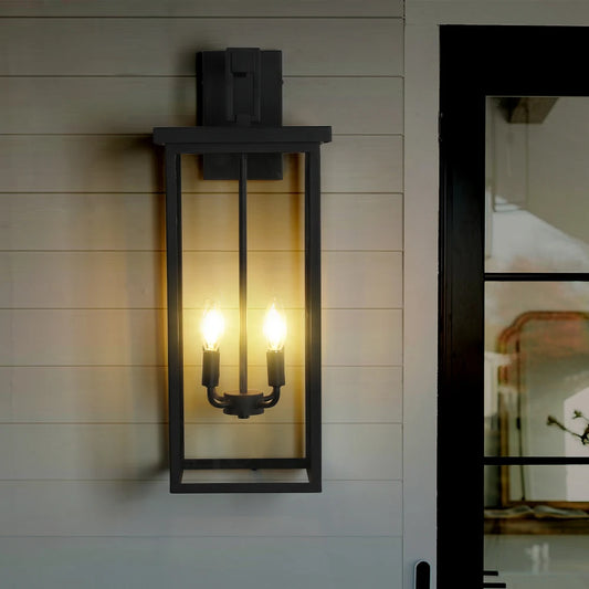 26"H Modern Outdoor Wall Lantern:Black Frame,Clear Glass,4 E12,Weatherproof Porch/Patio(No Bulbs)