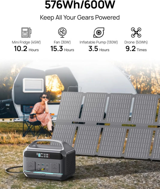 Portable Power Station 600W (1200W Surge) with 100W Solar Panel Included, 576Wh LiFePO4 Electric Generator, 1Hr, Customized
