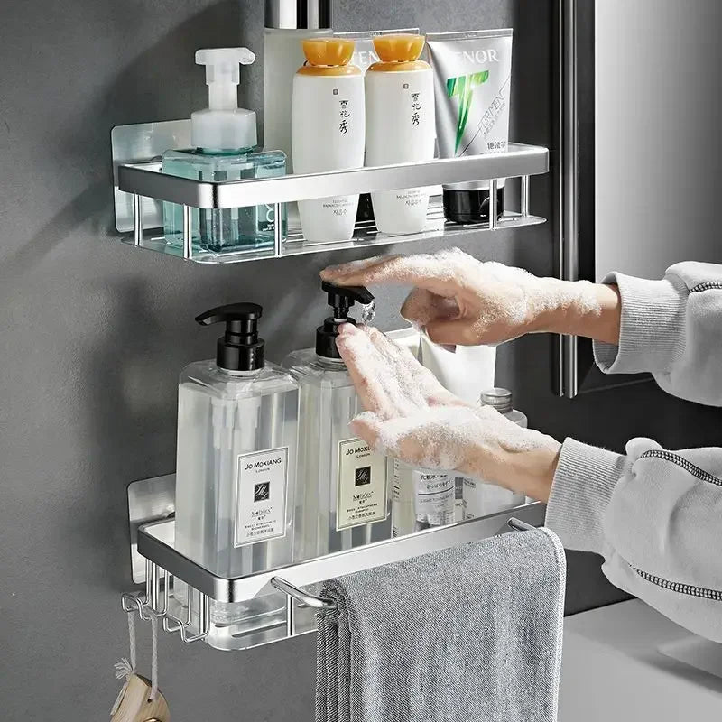 1pcs Black Bathroom Shelves Rust-Proof Wall-mounted Non-punching Storage RackToilet Bath Washbasin Wall Bathroom Racks