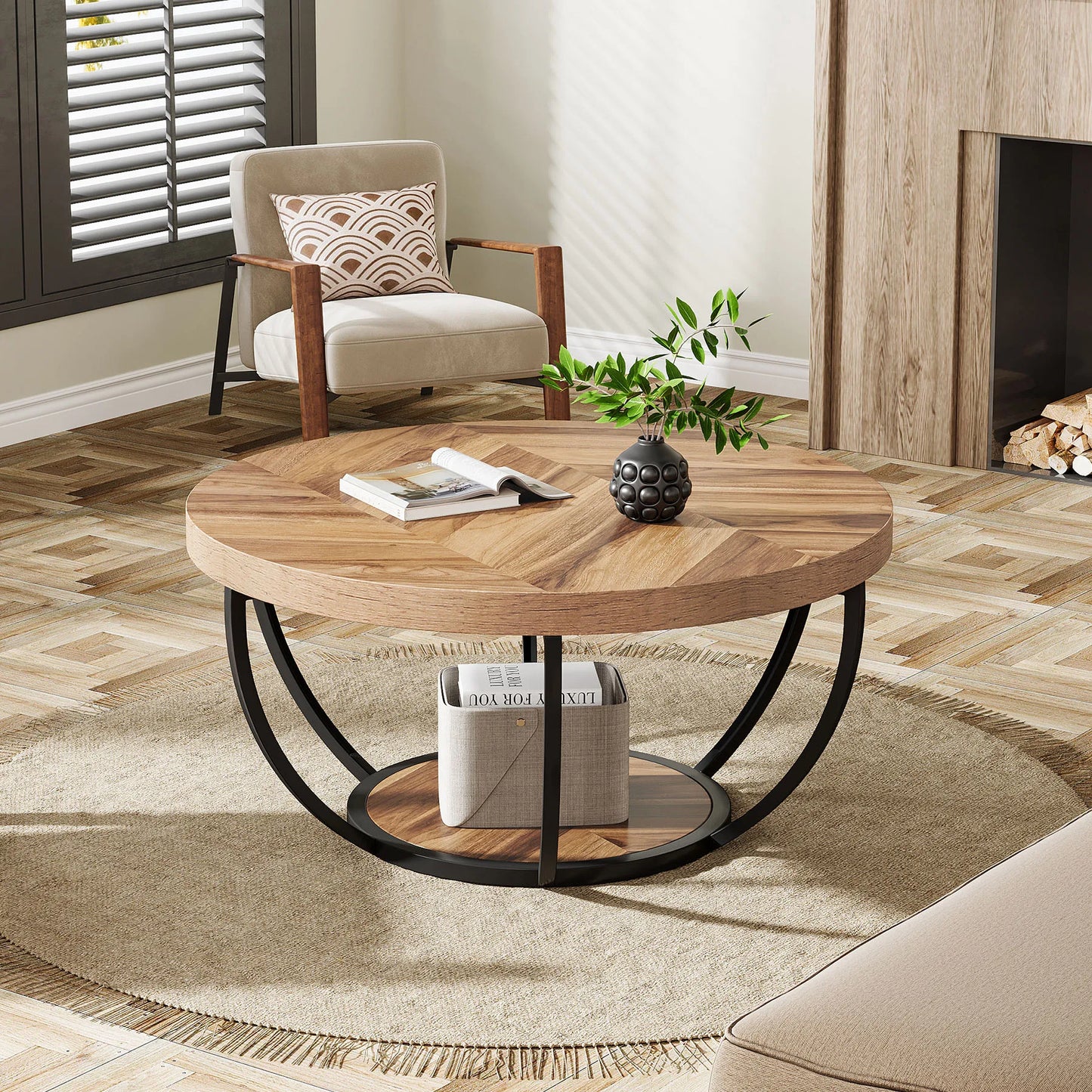 Tribesigns 31.7" Round Coffee Table, Industrial 2-Tier Circle Coffee Table with Storage Shelves, Modern Wooden Accent Center Tab