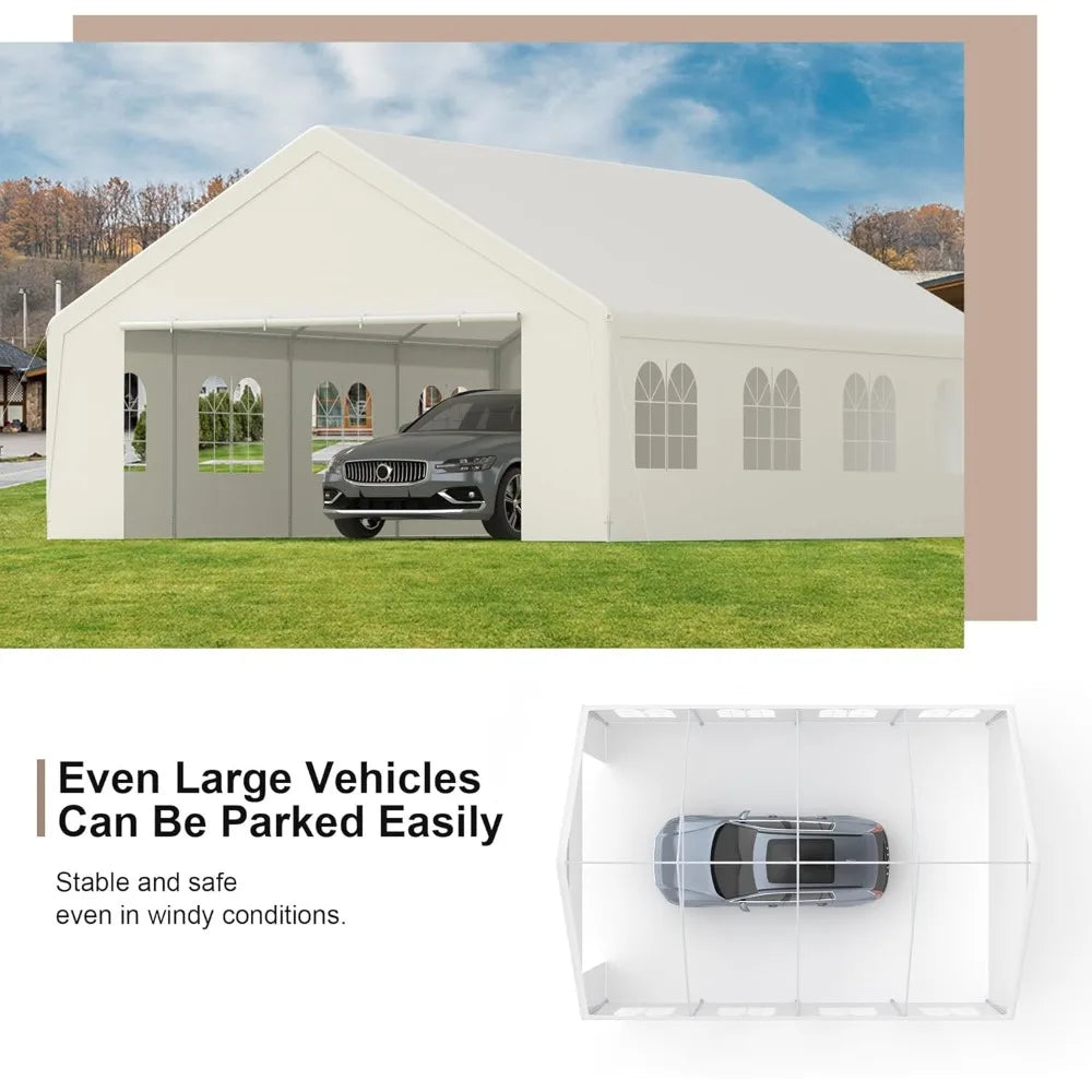 "20ft x 26ft durable carport with roll-up clear panels, reinforced party tent with detachable walls and doors"