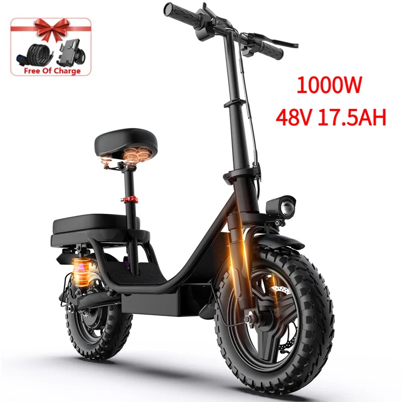 Electric Scooter Adult 14 26 Inch 1000w 30-60miles 48v 10a 15a 17.5a Removable Battery,adjustable Front Brake Seat Electric Bike