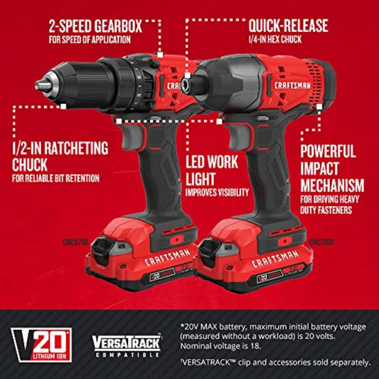 V20 MAX Cordless Drill and Impact Driver Power Tool Combo Kit with 2 Batteries and Charger CMCK200C2 and (1) V20 Lith