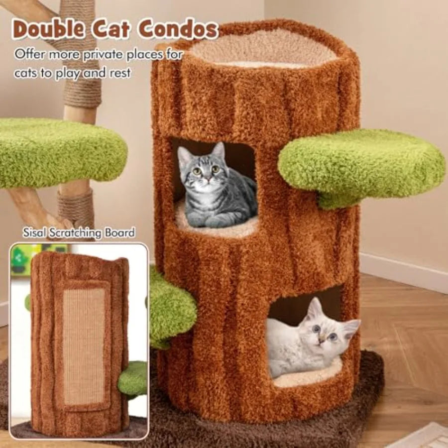 55 Inch Wood Cat Tree Multi-Level Tower for Indoor Cats with Double Decker House Scratching Posts Sisal Board Soft Padded Platf