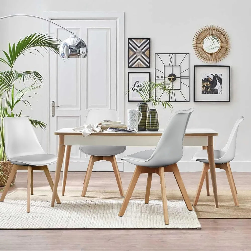 Dining Chairs Set of 4, Modern Dining Room Chairs, PU Leather Upholstered Chairs with Wood Legs, Lounge Kitchen Chairs, White