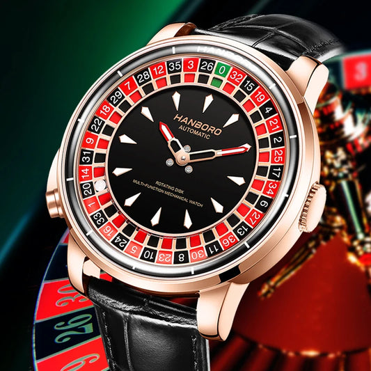 Fully automatic mechanical watch with Casino Roulette Rotating Disk Dialleather stra from local warehouse in the US