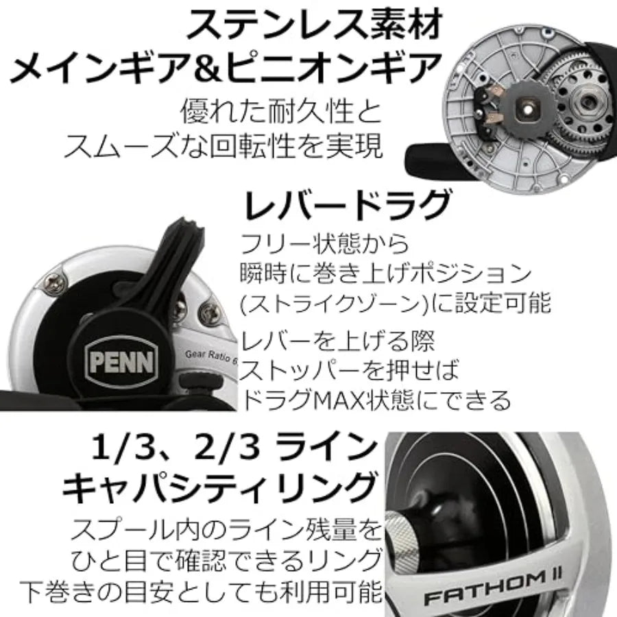 Fathom II Lever Drag 2 Speed 15LD2 Conv Reel Box Black Silver Fishing Reel with High-Speed Retrieval and Durable Black Silver F