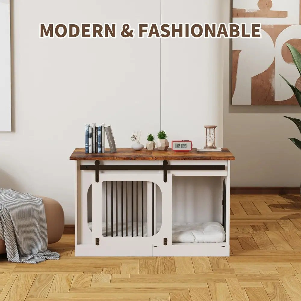 XL Dog Kennel urniture,39.4 Inch armhouse Crate urniture with Cushion Decorative White Dog Kennel Indoor Thick Wooden Pet House