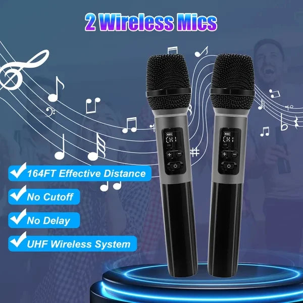 Portable Wireless Party Speaker With LED Light 2 Wireless Mics Remote Control TWS Music Accompany Mic. Priority Bass