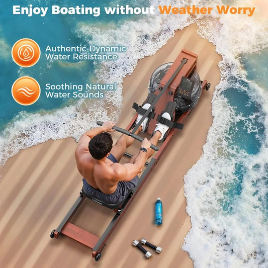 Foldable Water Rowing Machine for Home Gym Fitness Training with 400LBS Weight Capacity Integrated Monitor and Bluetooth APP Co