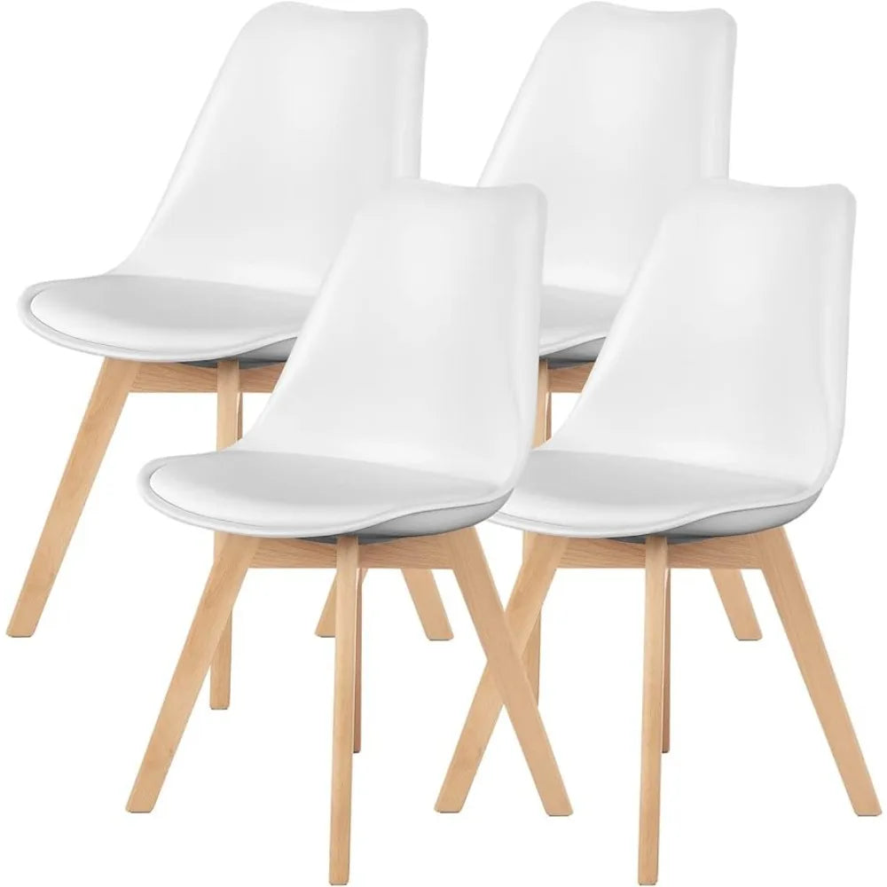 Dining Chairs Set of 4, Modern Dining Room Chairs, PU Leather Upholstered Chairs with Wood Legs, Lounge Kitchen Chairs, White