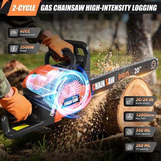 Professional 20/24 Inch Gas Chainsaw with 2-Stroke Engine, Ergonomic Handle & Dual Tanks for Wood Cutting