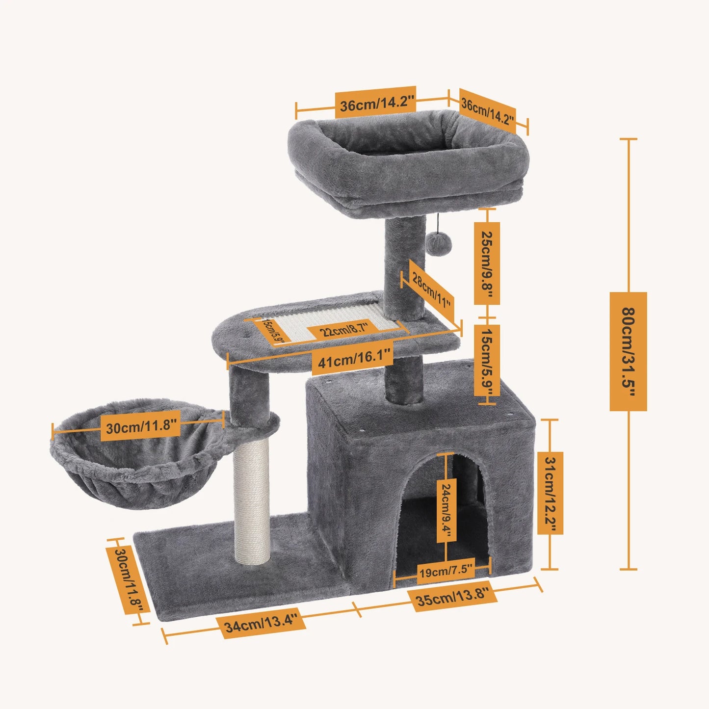 80cm Small Cat Tree Cozy Condo for Indoor Kitten Luxurious Top Perch Natural Sisal Scratching Posts for Climbing Scratcher Board