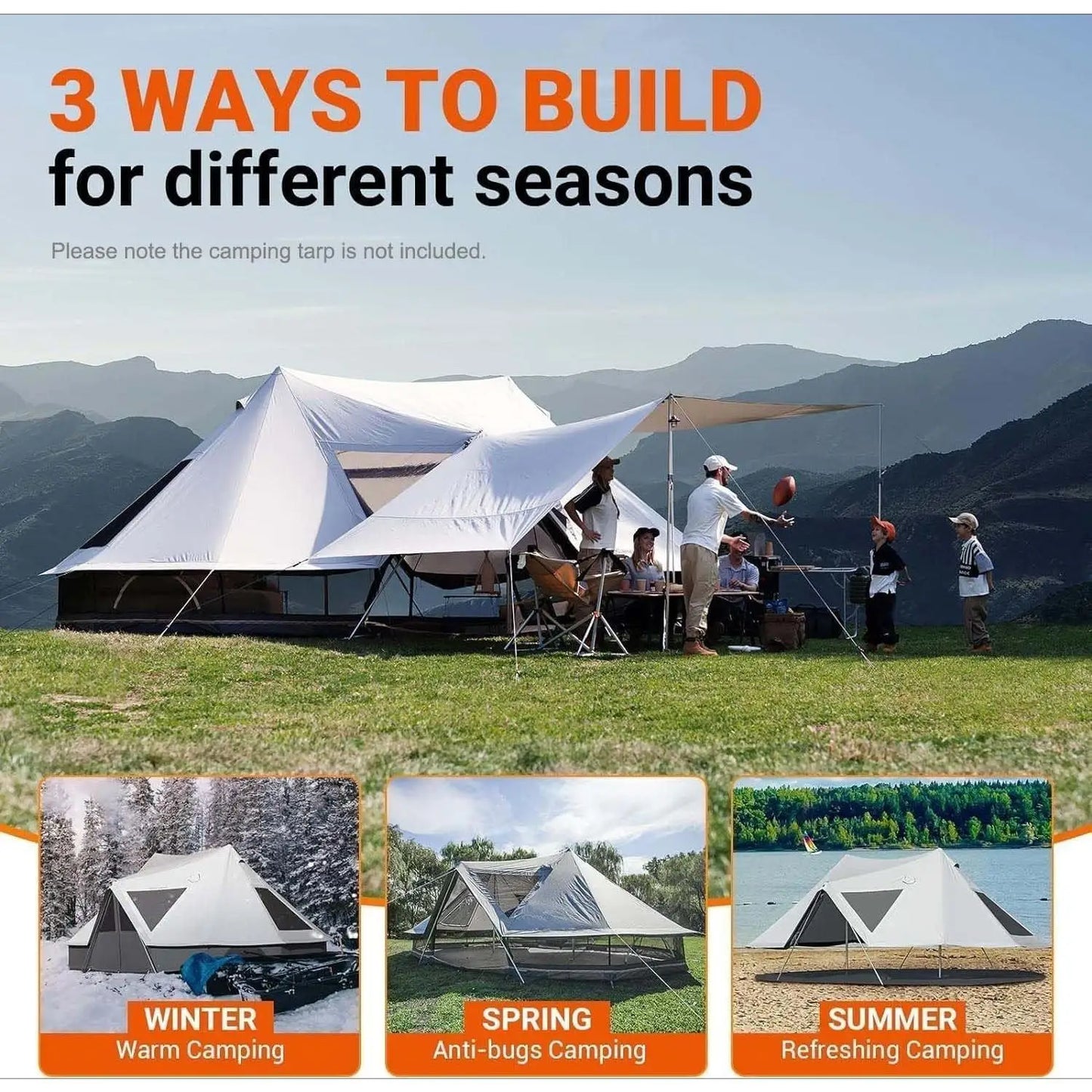 YC-Canvas Bell Yurt Tents, 4 Seasons Large Waterproof & Windproof Luxury Glamping Tent w/Stove Jack for Family Outdoor Camping,