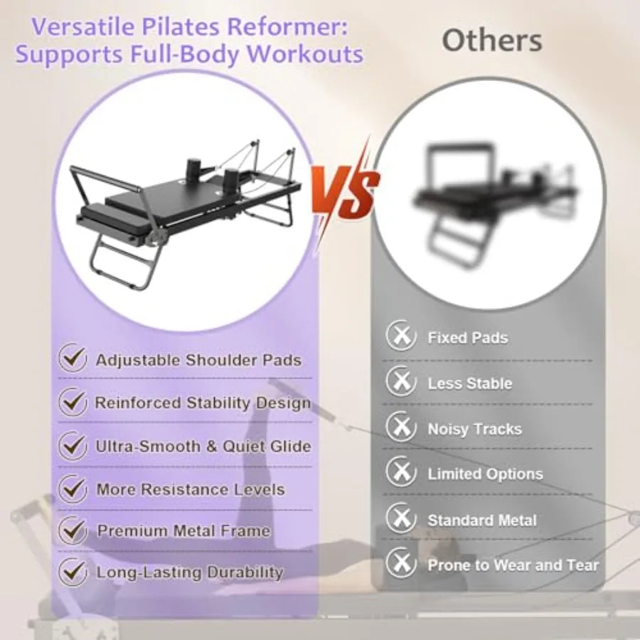Foldable Pilates Reformer Machine for Gym and Home Workout: Compact Fitness Equipment with Adjustable Resistance and Smooth Gli