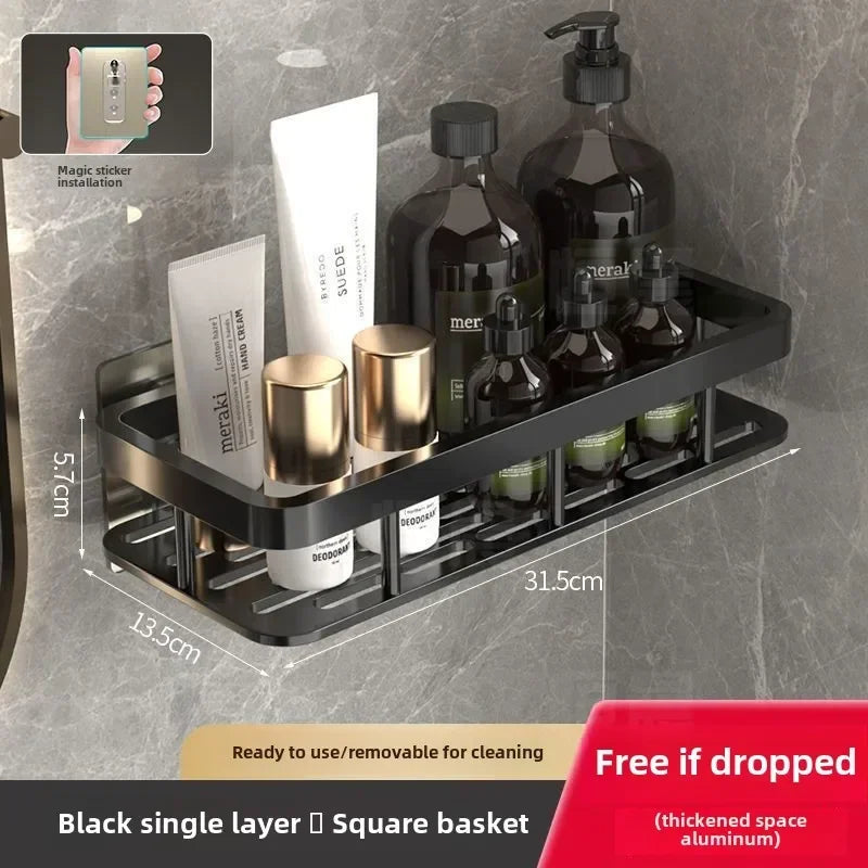 1pcs Black Bathroom Shelves Rust-Proof Wall-mounted Non-punching Storage RackToilet Bath Washbasin Wall Bathroom Racks