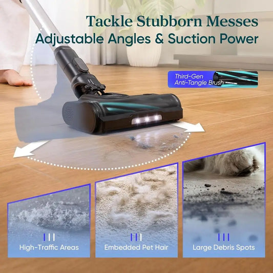 Cordless Vacuum Cleaner with HEPA Filter, Anti-Tangle Brush, Up to 70 Minutes, Charging Wall Dock, Powerful Suction, Lightweight