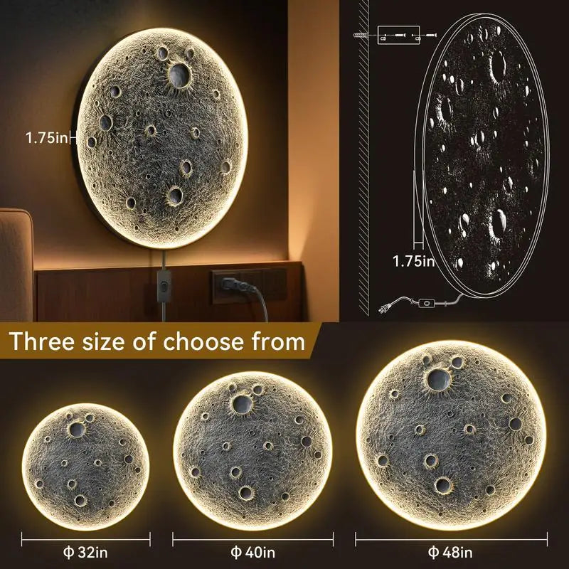 48-Inch LED Moon Wall Light - Plug-In Dimmable Sconce with Remote, 45W Main & 20W Night Light, Meteorite Crater Design, 1.75