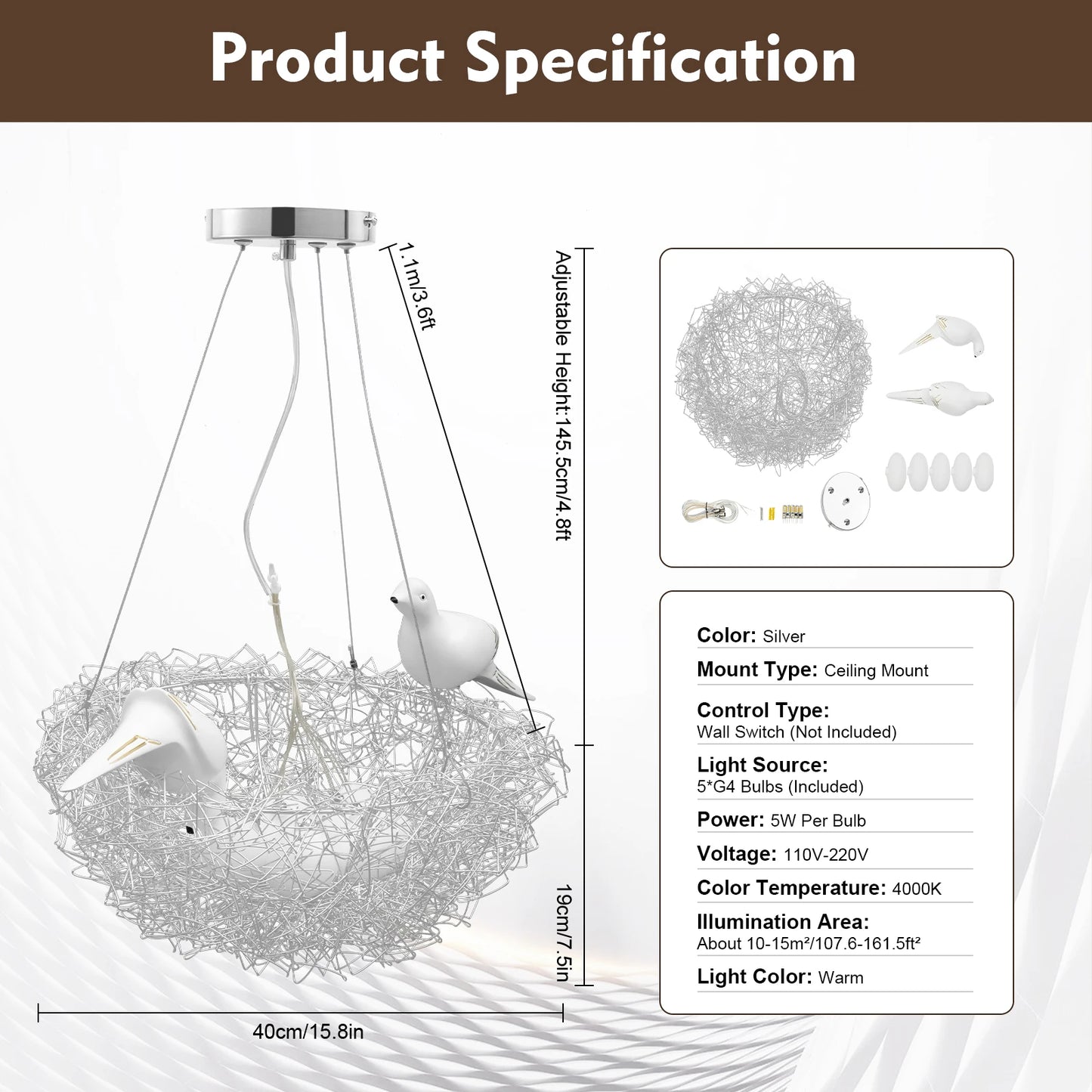 Modern Bird Nest Chandelier LED Ceiling Light 25W 4000K Aluminum Silver for Living Room Dining Room Bedroom Lighting