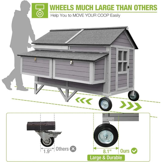 Chicken Coop with Super Large Wheels for 8-10 Chickens Mobile Duck House 68.1 L with Four Nesting Boxes, Four Perches