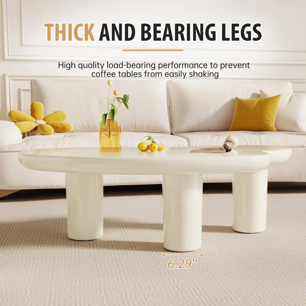 White Cloud Coffee Table, Vintage Coffee Table with 3 Support Legs, Smooth Surface and Round Edge