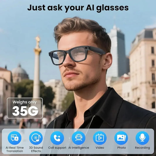 Ailexpress-Free Shipping-AI Smart Glasses 4K HD Camera, BT Call, 800W Anti-Shake Camera Glasses with Video Recording Dual Mic, S