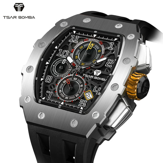 TSAR BOMBA Luxury Tonneau Quartz Watch for Men Japanese Movement, Stainless Steel Case, Elegant Dress Wristwatch