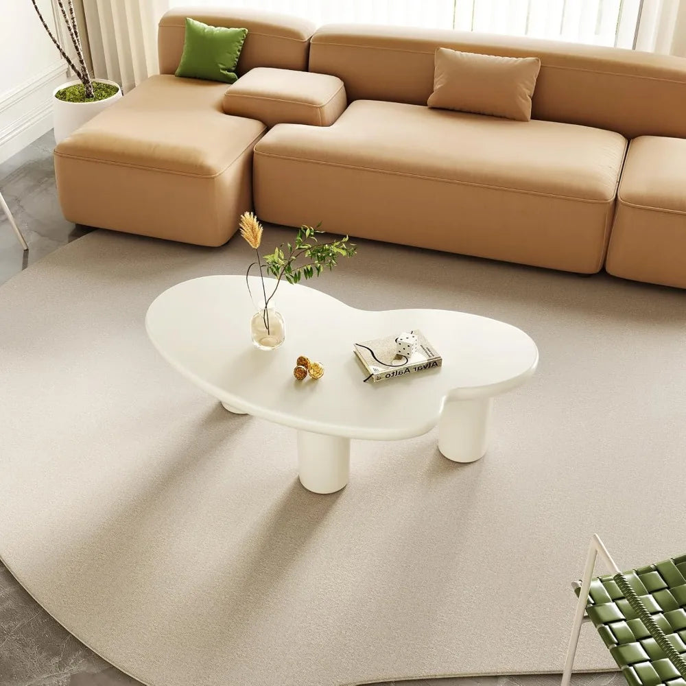 White Cloud Coffee Table, Vintage Coffee Table with 3 Support Legs, Smooth Surface and Round Edge