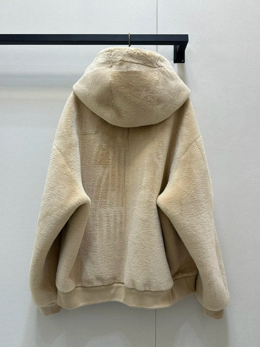 Autumn/Winter Drop-Shoulder Oversized Hooded Sheepskin-Wool Blend Jacket The Plush Texture Is Absolutely Amazing