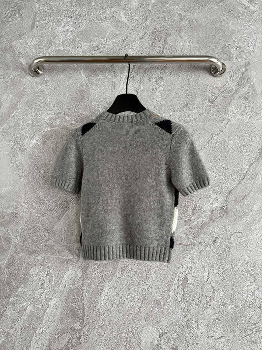 Early Autumn Cashmere Vintage Diamond-Pattern Short-Sleeve Knit Top Soft And Lightweight Suitable for Pairing With Skirts