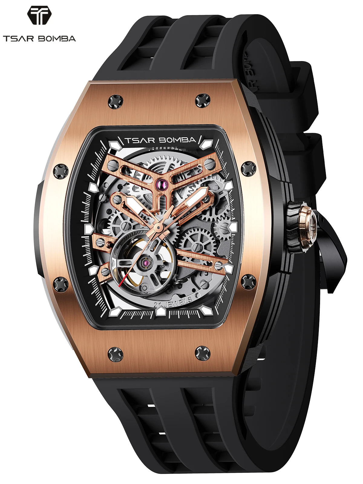 TSAR BOMBA Men Automatic Mechanical Watch Tonneau Shape Skeleton Design Stainless Steel Durable Elegant Business Style Watch