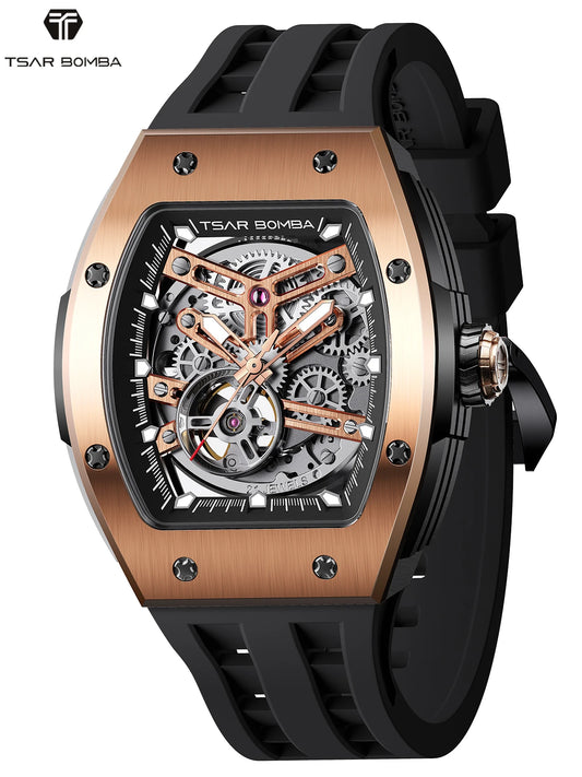 TSAR BOMBA Men Automatic Mechanical Watch Tonneau Shape Skeleton Design Stainless Steel Durable Elegant Business Style Watch