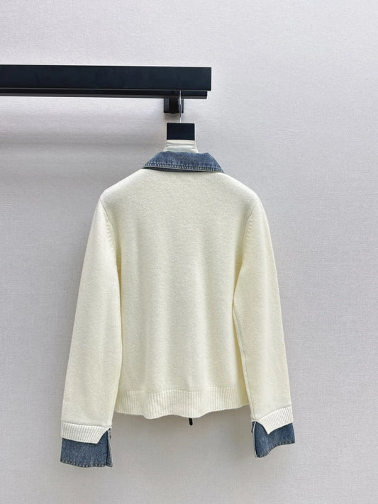 2025 Autumn And Winter New Women Clothes Autumn And Winter New Denim Stitching Polo Cardigan Wool Yarn Warmth Three Colors