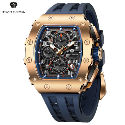 TSAR BOMBA Luxury Tonneau Quartz Watch for Men Japanese Movement, Stainless Steel Case,  Elegant Dress Wristwatch