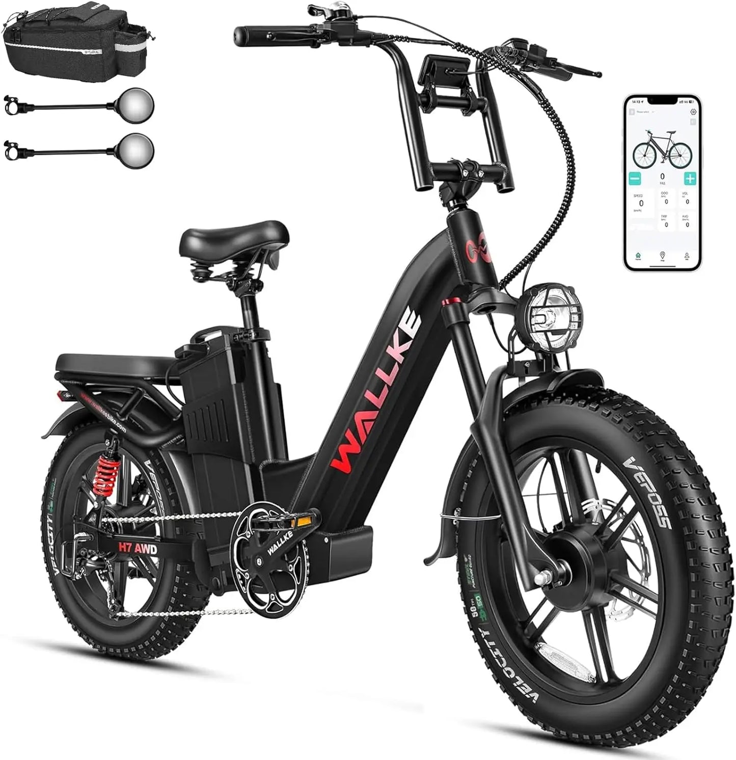 W Wallke H7 AWD 3200W Dual Motor Electric Bike for Adult 48V 60Ah Long Range 31MPH Fast Ebike 20" Fat Tire E-bike UL2849
