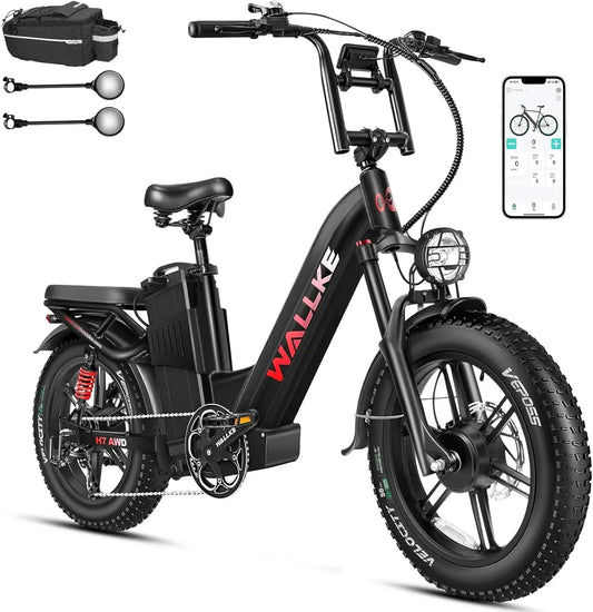 W Wallke H7 AWD 3200W Dual Motor Electric Bike for Adult 48V 60Ah Long Range 31MPH Fast Ebike 20" Fat Tire E-bike UL2849