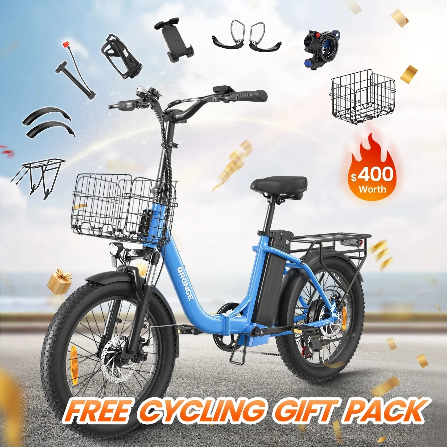 QRONGE Electric Bike 1000W Peak Folding Electric Bike 20" Step-Thru Eletric Bicycle with Front Basket 7 Speed 25 MPH Ebike