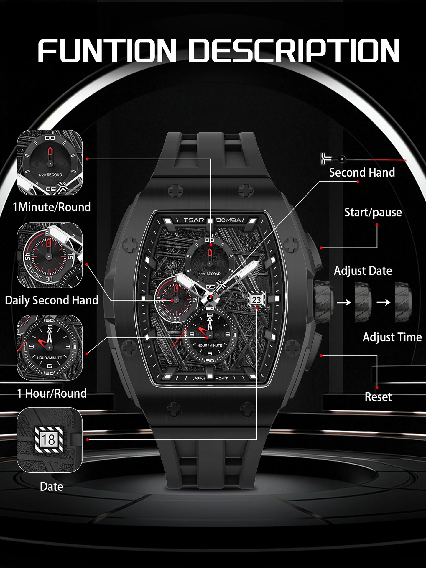 TSAR BOMBA Men’s Quartz Watch, Stainless Steel Case, Japanese Movement, Chronograph Date, Sapphire Crystal, 50M Water Resistant