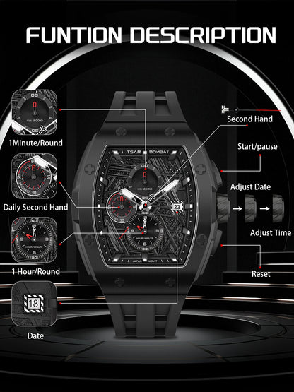 TSAR BOMBA Men’s Quartz Watch, Stainless Steel Case, Japanese Movement, Chronograph Date, Sapphire Crystal, 50M Water Resistant
