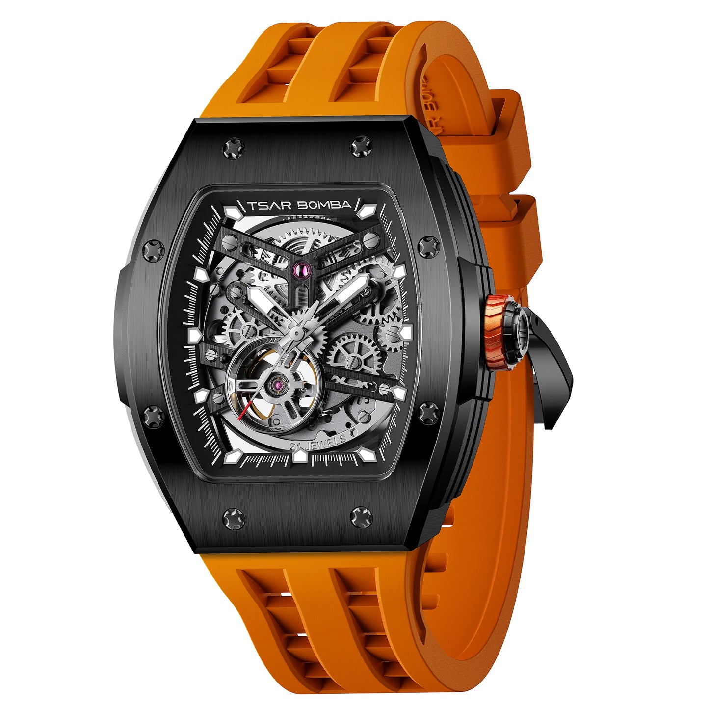 TSAR BOMBA Men Automatic Mechanical Watch Tonneau Shape Skeleton Design Stainless Steel Durable Elegant Business Style Watch