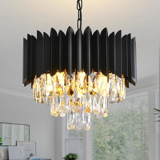 Modern Crystal Chandeliers 3-Tier K9 Round Crystal Chandeliers Light Fixture Small Black Ceiling Light Fixture for Dining Room