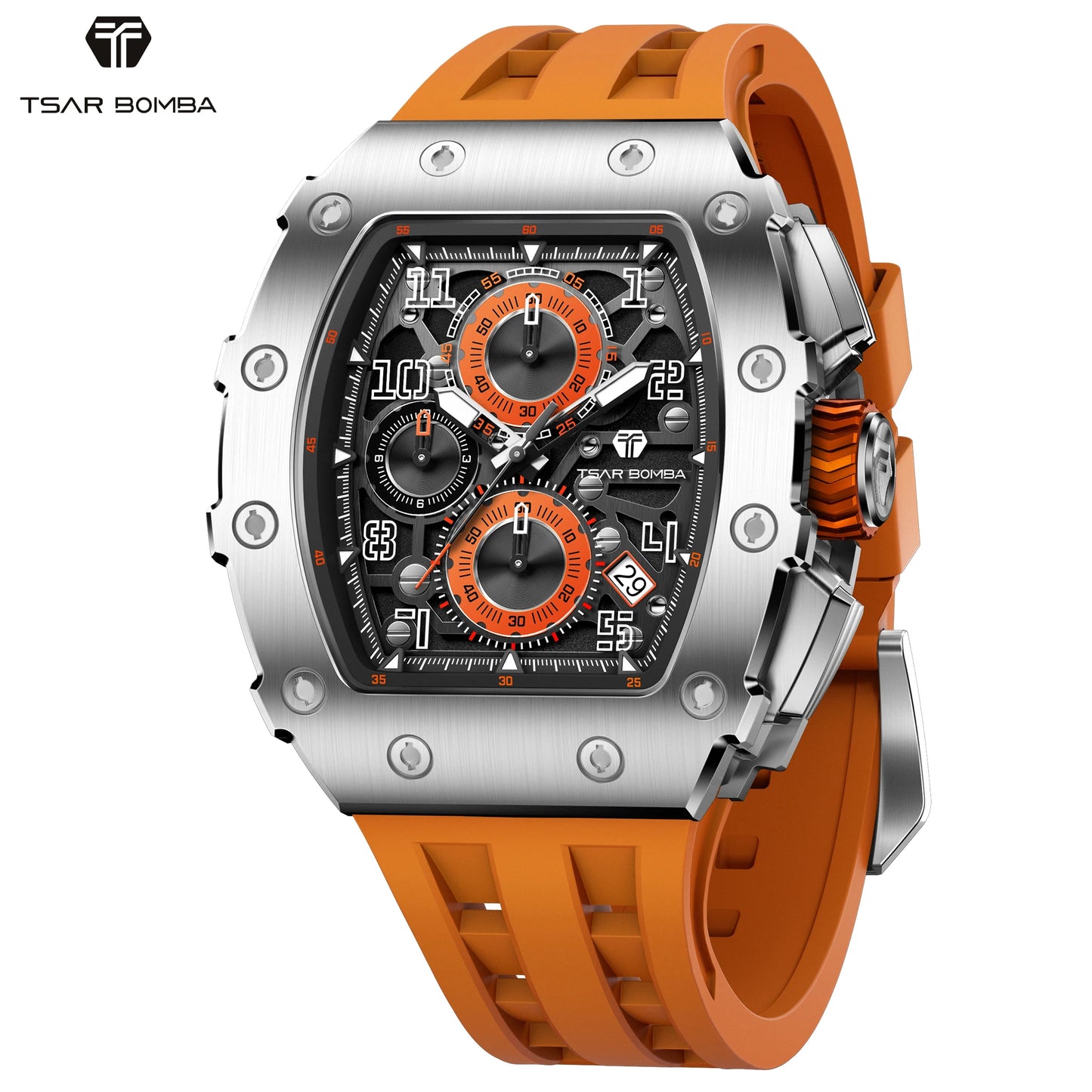 TSAR BOMBA Luxury Tonneau Quartz Watch for Men Japanese Movement, Stainless Steel Case,  Elegant Dress Wristwatch