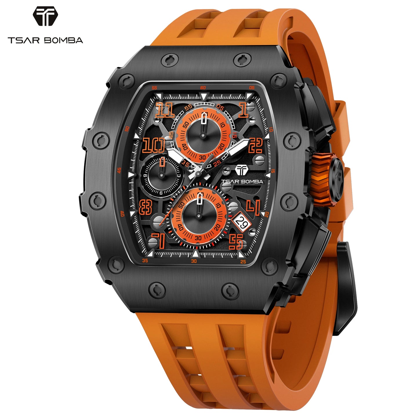TSAR BOMBA Luxury Tonneau Quartz Watch for Men Japanese Movement, Stainless Steel Case,  Elegant Dress Wristwatch