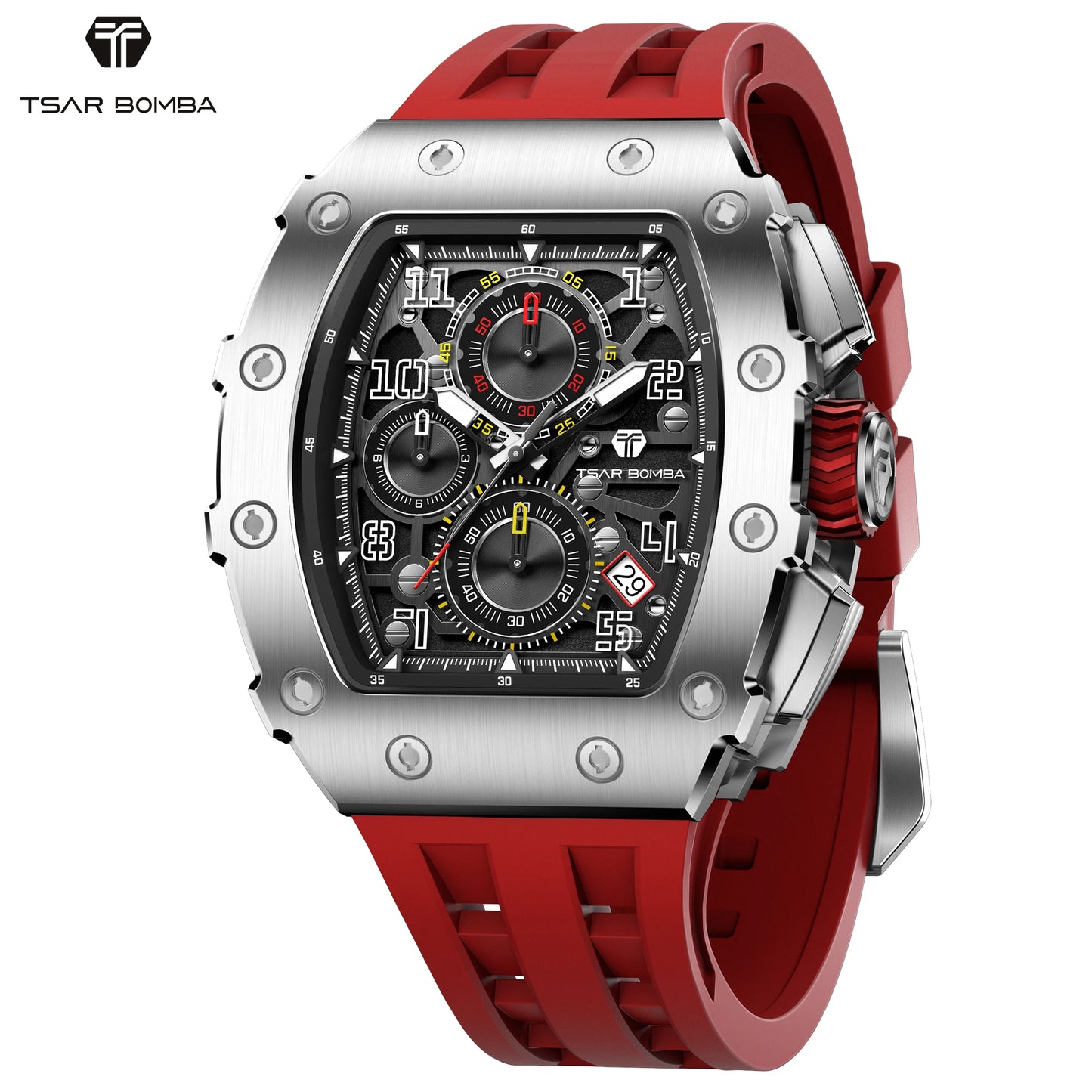 TSAR BOMBA Luxury Tonneau Quartz Watch for Men Japanese Movement, Stainless Steel Case,  Elegant Dress Wristwatch